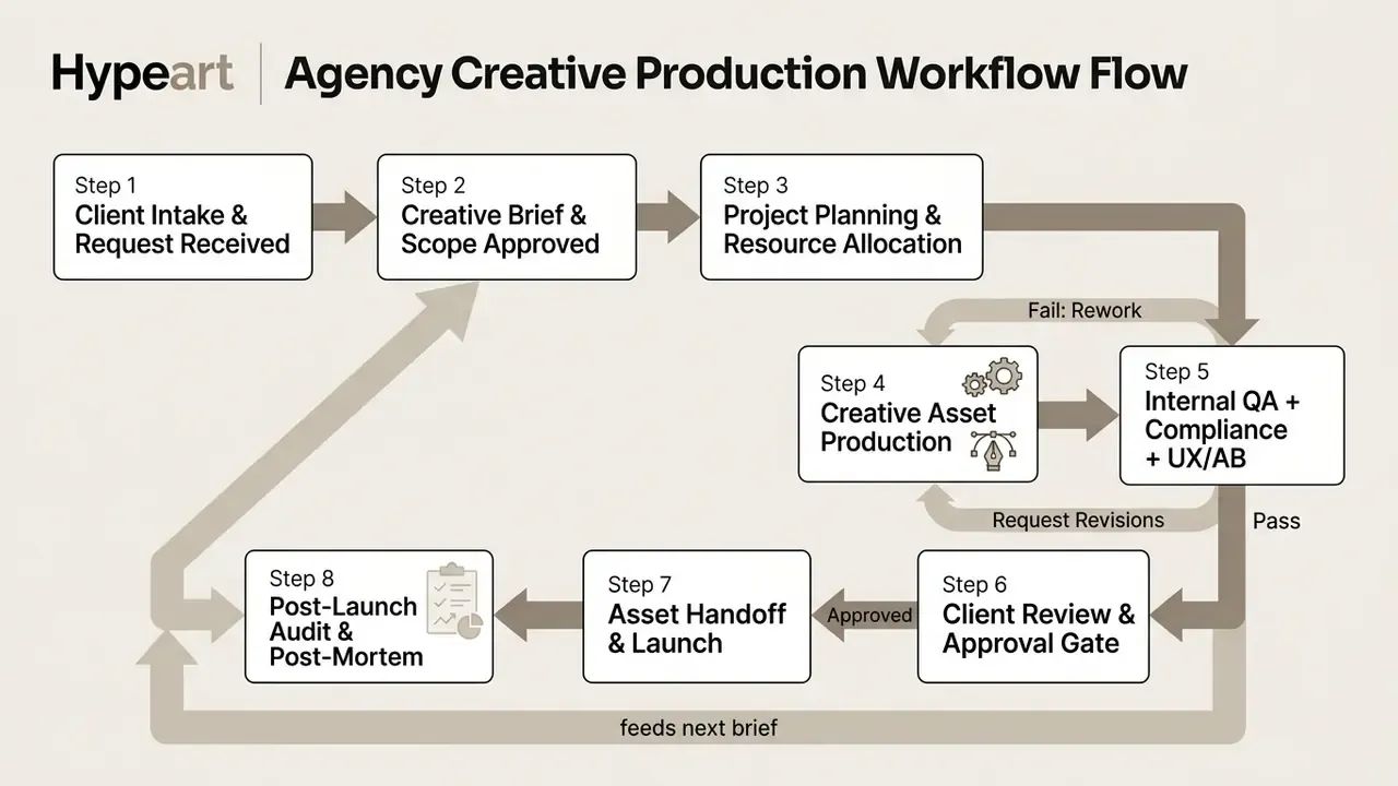 Eight sequential steps showing creative production stages with feedback loops for revisions and audits