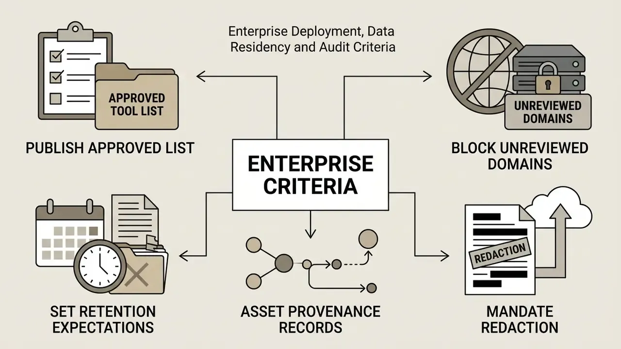 Central box detailing enterprise criteria with five surrounding icons representing deployment policies
