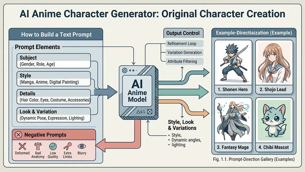 Diagram showing prompt elements feeding into an AI model to produce a gallery of four character styles