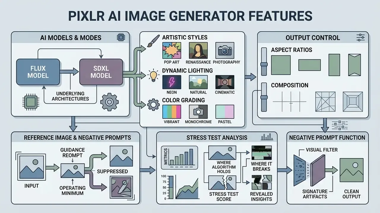 Diagram showing Pixlr AI image generator settings for models, artistic styles, and output refinement