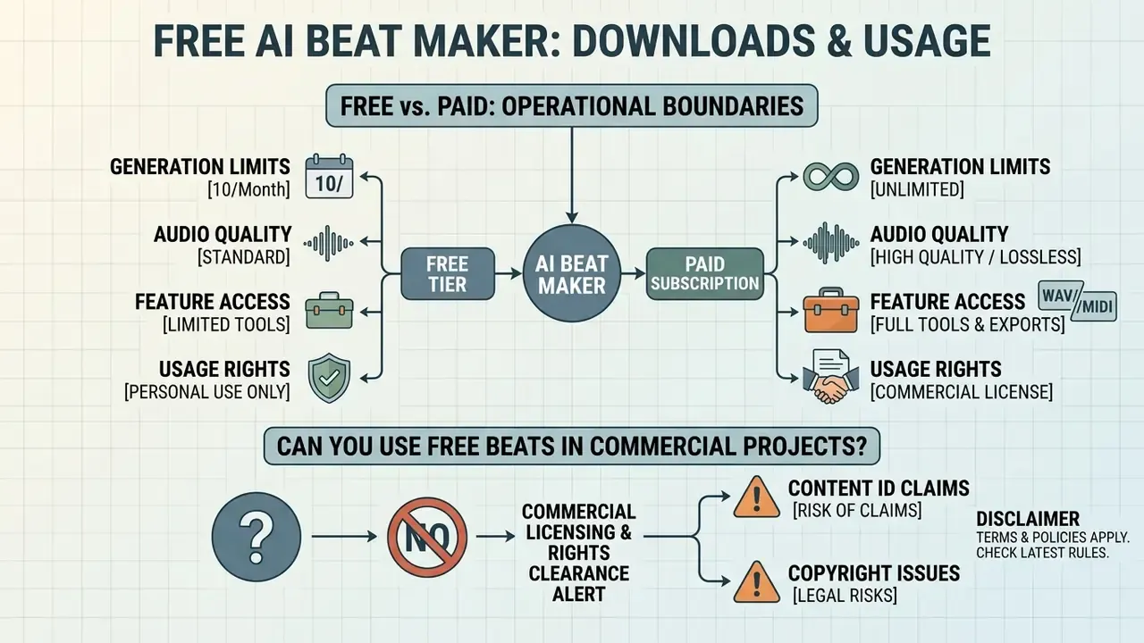 Comparison chart outlining the functional and legal differences between free and paid music software tiers