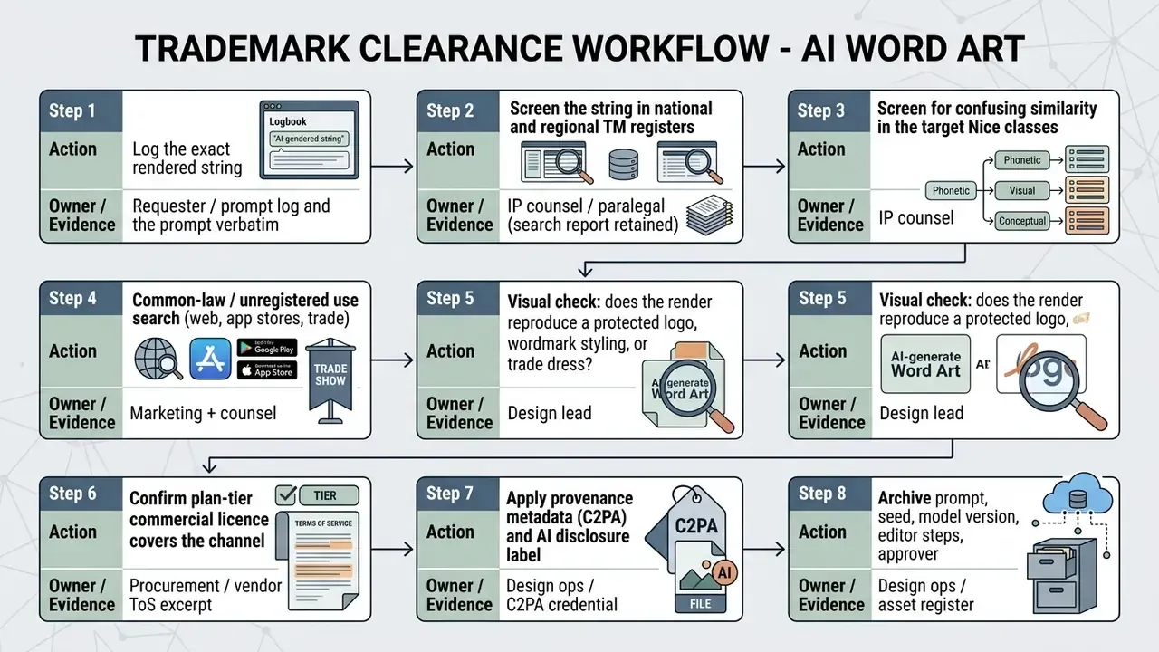 Sequential process steps for managing trademark clearance and legal compliance in AI word art projects