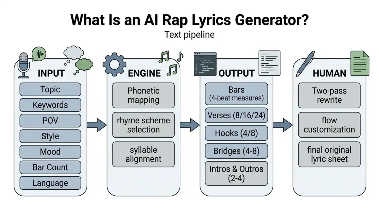 Flowchart showing a text pipeline for an AI rap lyrics generator from input to human review