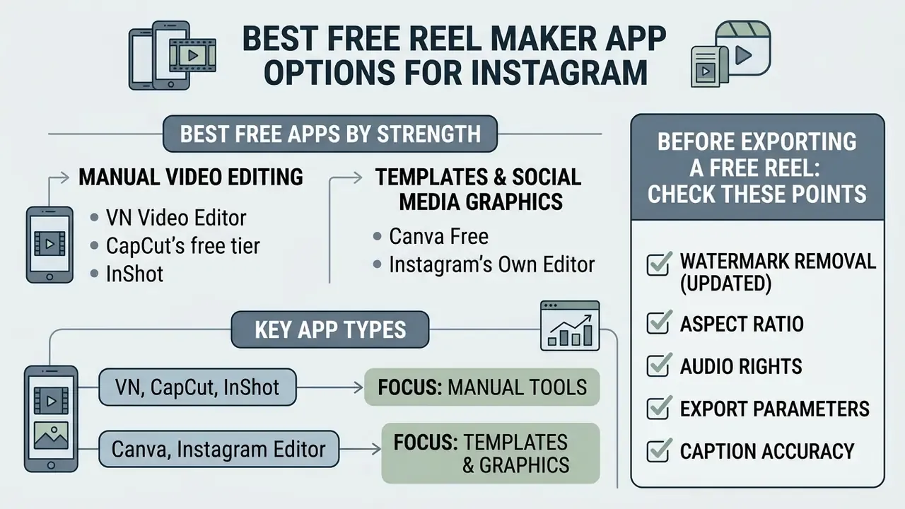 Categorized list of video editing apps and a checklist of export factors for Instagram Reels