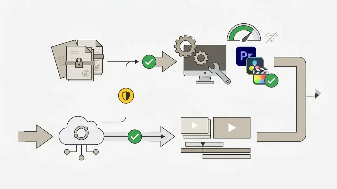 Two data paths leading to either local editing software or cloud-based video production tools
