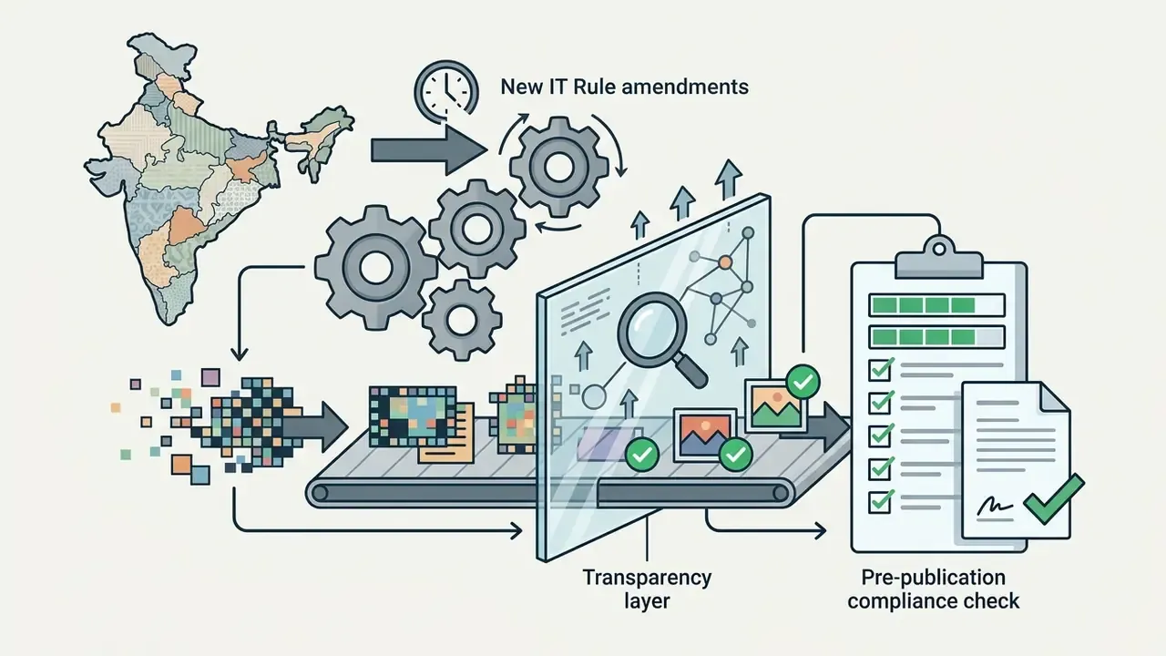 Map of India linked to a conveyor belt process that adds a transparency layer for AI media compliance