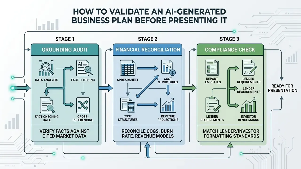 Three stage validation framework for business documents covering grounding audit, financial reconciliation, and compliance