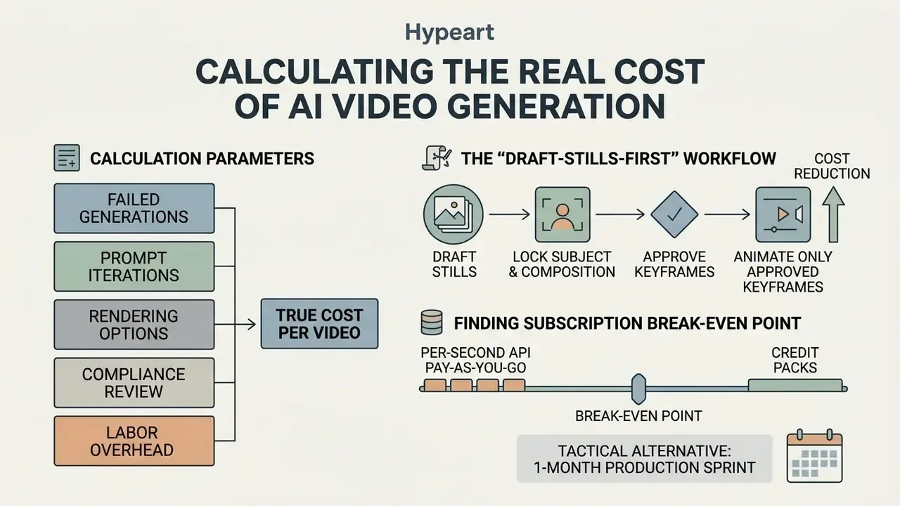 Infographic detailing cost factors, a draft-stills-first workflow, and subscription break-even analysis