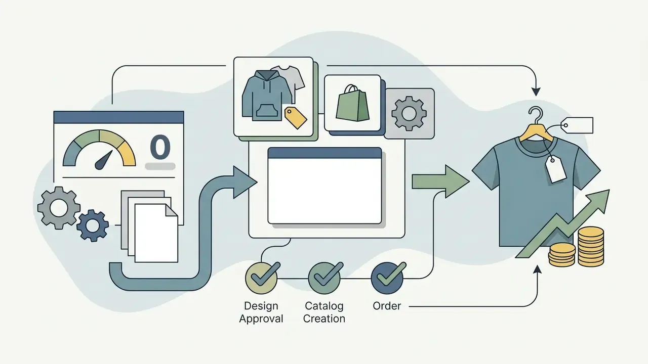 Process flow from design and catalog creation to apparel orders with revenue growth tracking