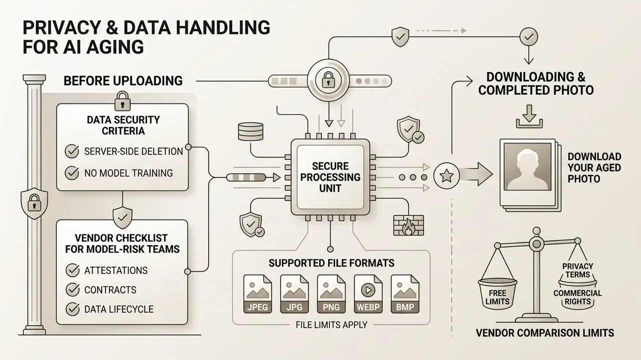 Flowchart showing security criteria, supported file formats, and download steps for face processing