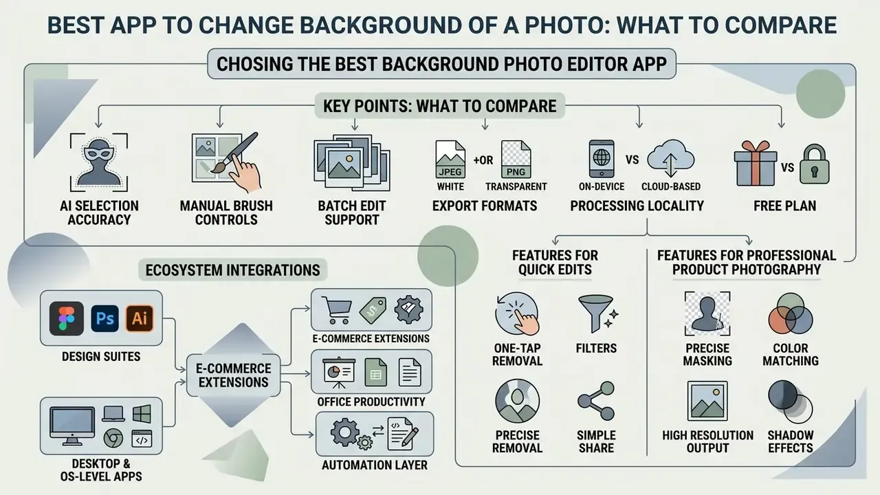 Infographic detailing criteria for choosing photo editing software including integrations and features