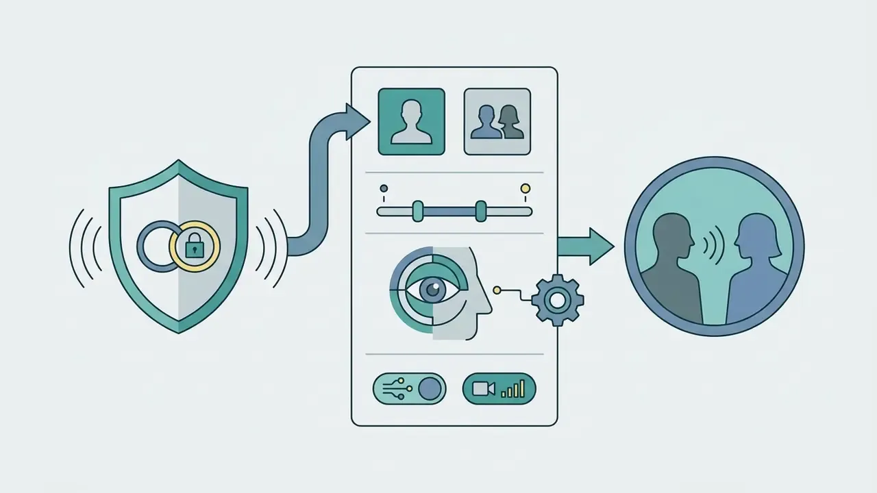 Shield icon with a lock symbol connecting to a user filter interface and a live conversation circle