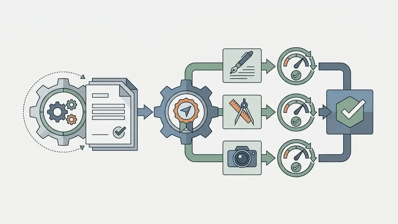 Gear system routing brief specifications into specialized creative tasks with speed and quality checkpoints