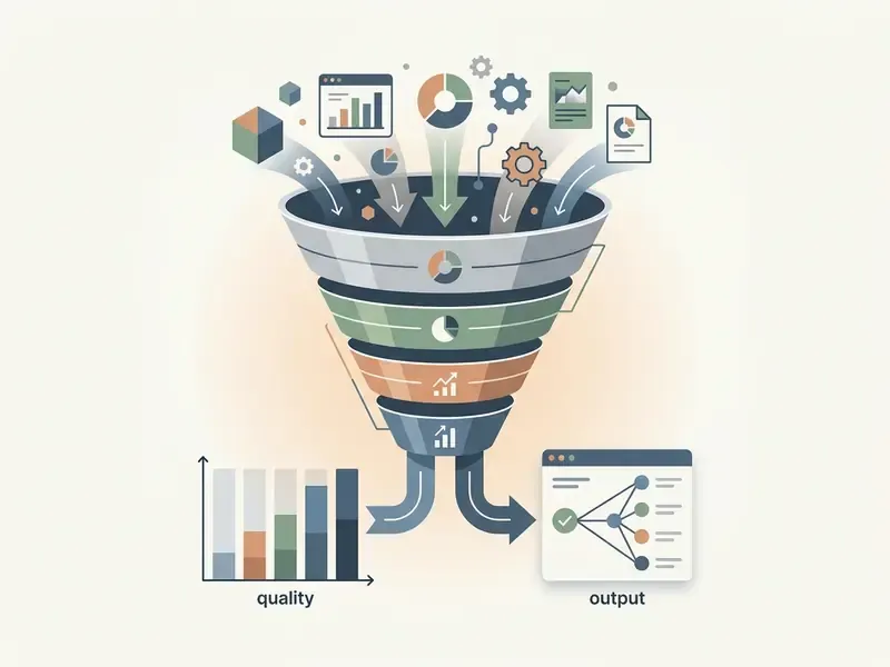 Multi-layered funnel processing diverse data inputs into structured quality metrics and visual outputs