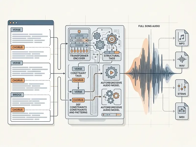 Diagram showing how tagged lyrics are processed by an autoregressive audio model into full song files