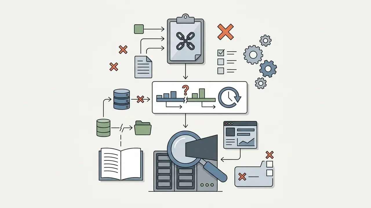 Icons representing data gaps, missing logs, and audit failures in Perplexity AI video generation workflows
