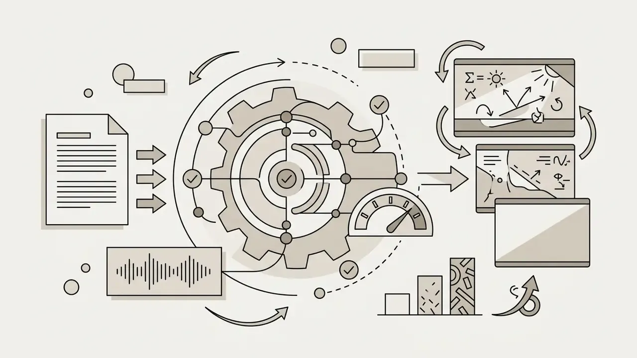 Central gear mechanism processing text and audio inputs into synchronized visual and cinematic outputs