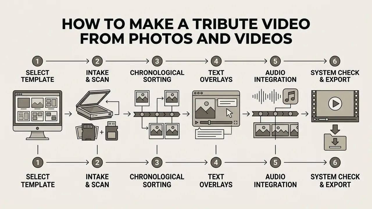 Six step workflow diagram showing the process of creating a memorial slideshow from digital media