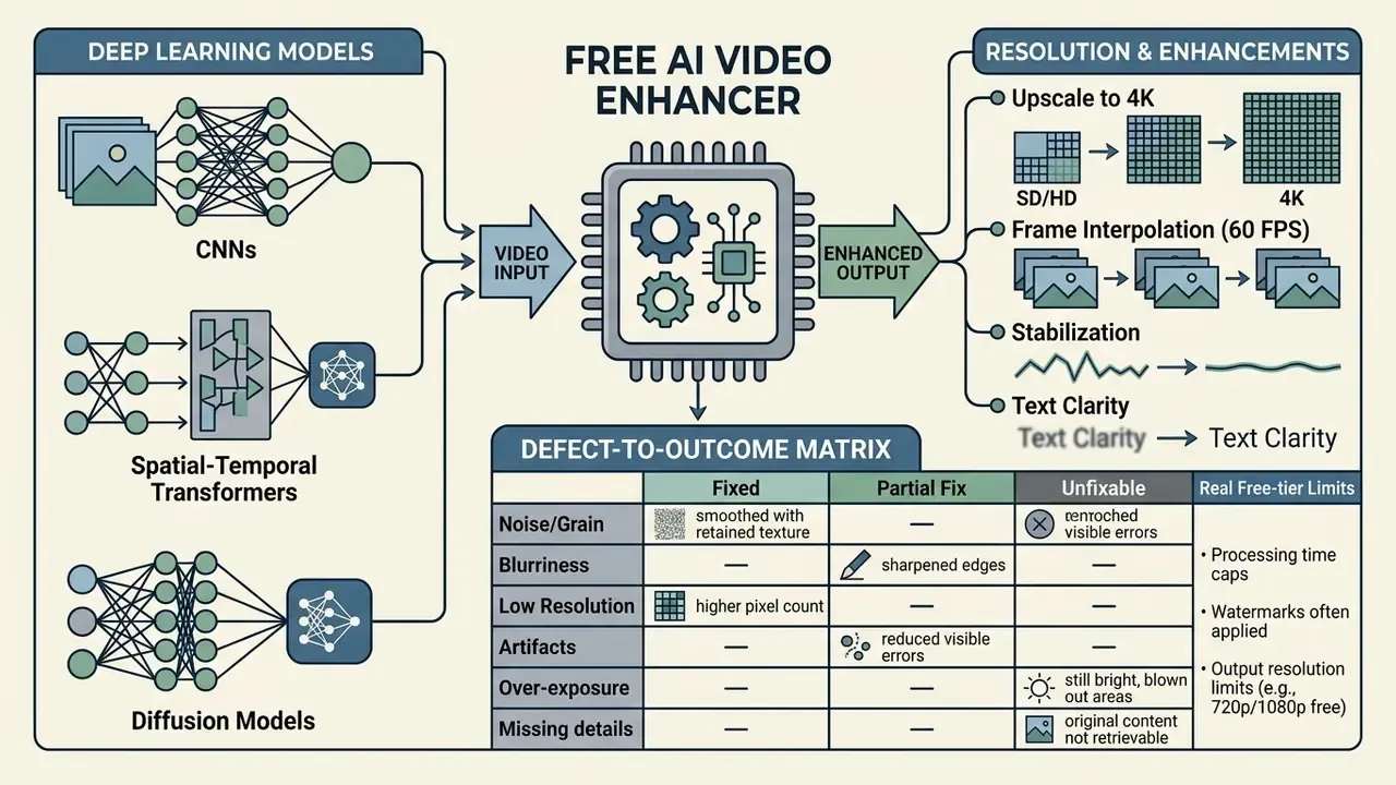Diagram showing how AI models process video inputs to produce 4K enhancements and fix common visual defects