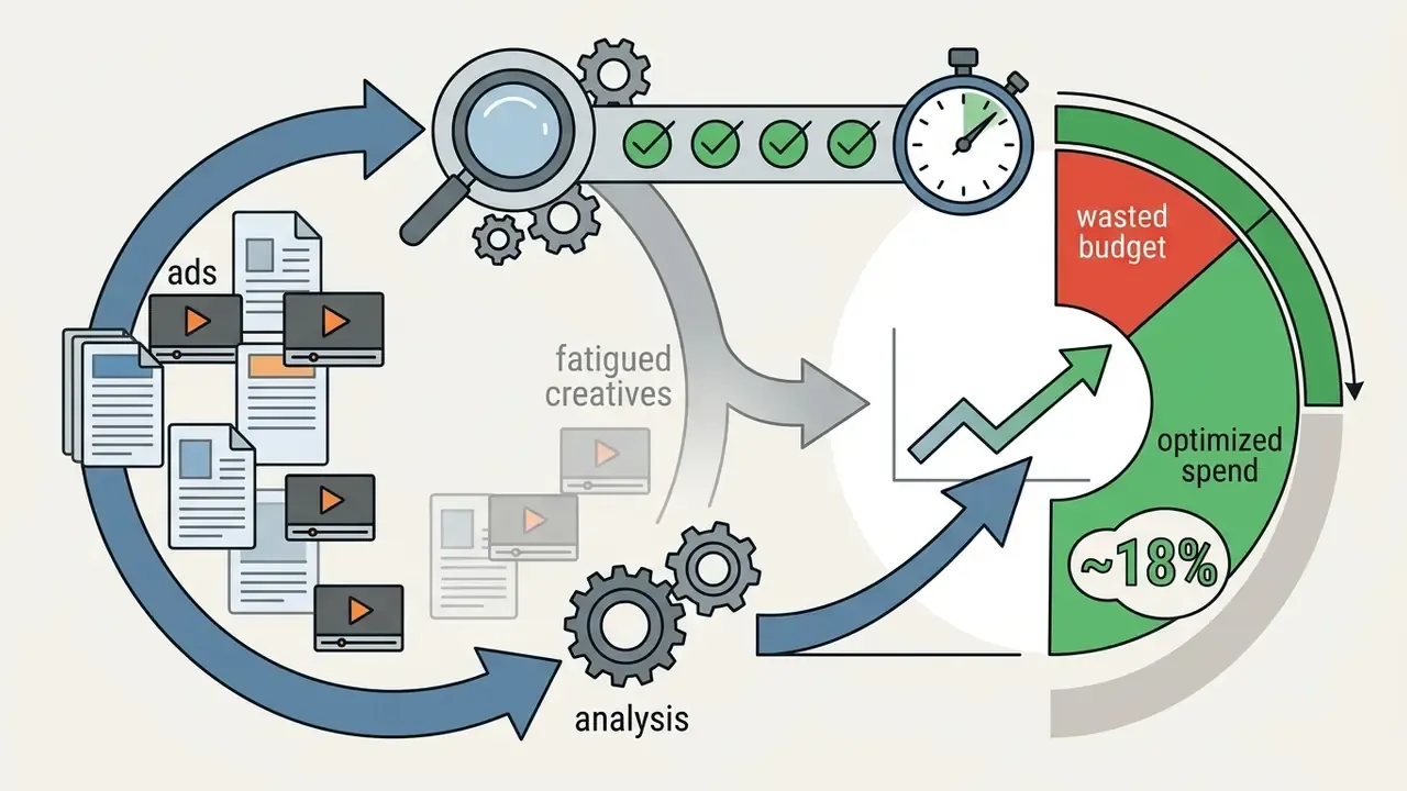 Circular process flow showing automated analysis of ad creatives to reduce wasted spend by 18 percent