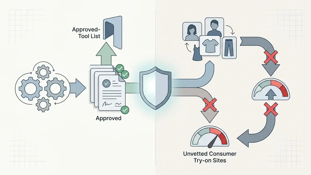 Gears and approved documents flowing through a shield to block personal data from unvetted try-on websites