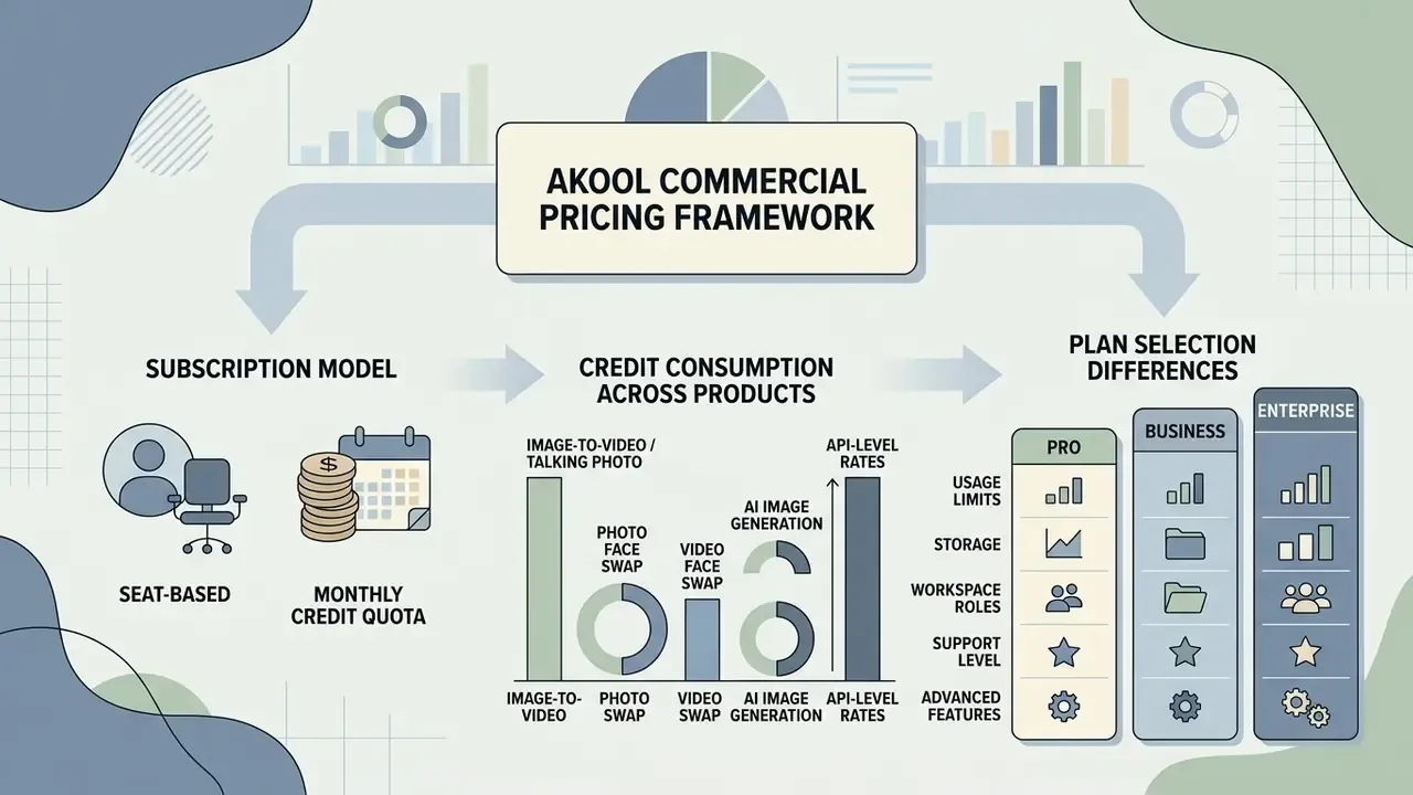 Infographic detailing subscription models, credit consumption, and plan tiers for Akool commercial services