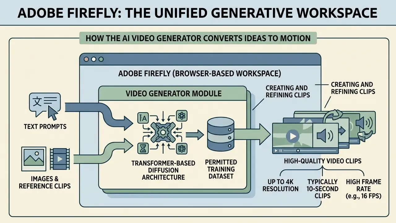 Diagram showing how the Adobe AI video generator transforms text and image prompts into motion clips