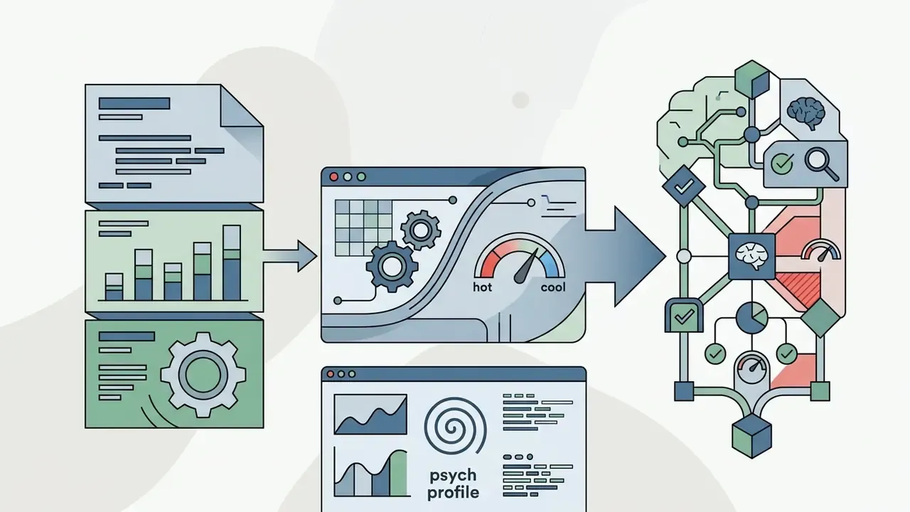 Data processing flow showing document analysis leading to a brain shaped network of metrics and icons