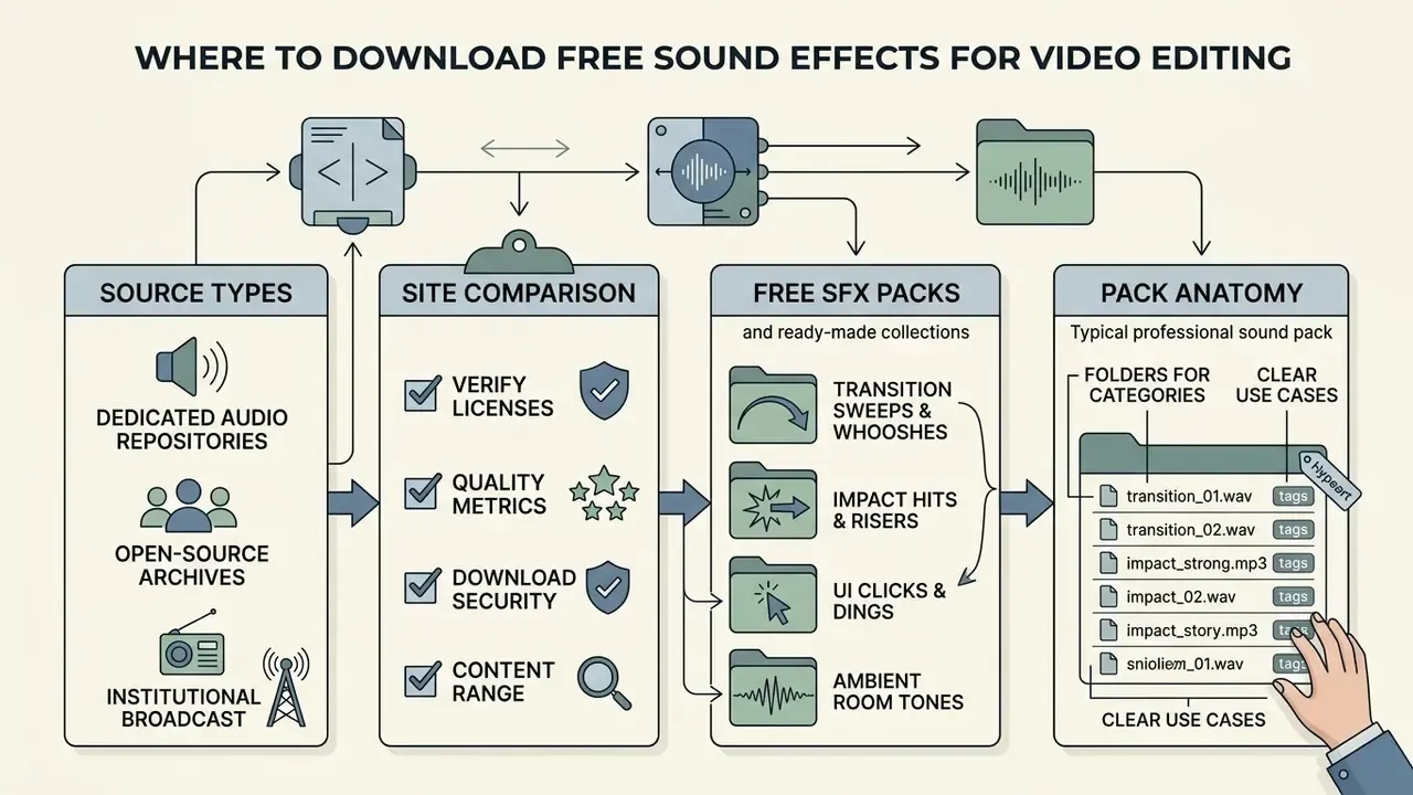 Flowchart detailing source types, site comparison metrics, and the structure of free sound effects packs
