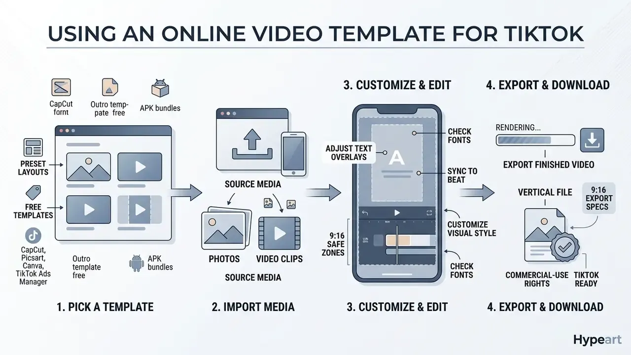 Four-step workflow diagram showing how to select, import, edit, and export vertical social media videos