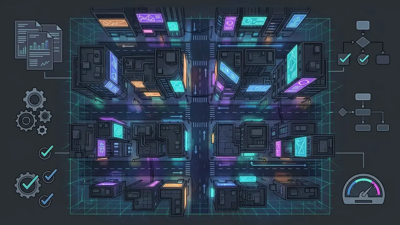 Top-down view of a neon cyberpunk city block surrounded by data icons, flowcharts, and processing gears