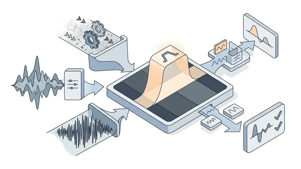 Audio signals and noise inputs converging into a central filter to produce a refined vocal waveform