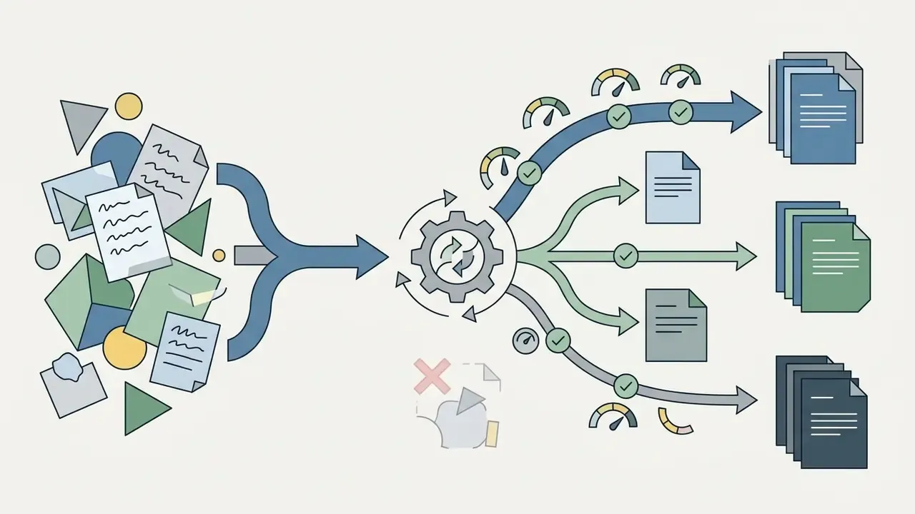 Cluttered documents feeding into a central gear system that refines and organizes them into output stacks