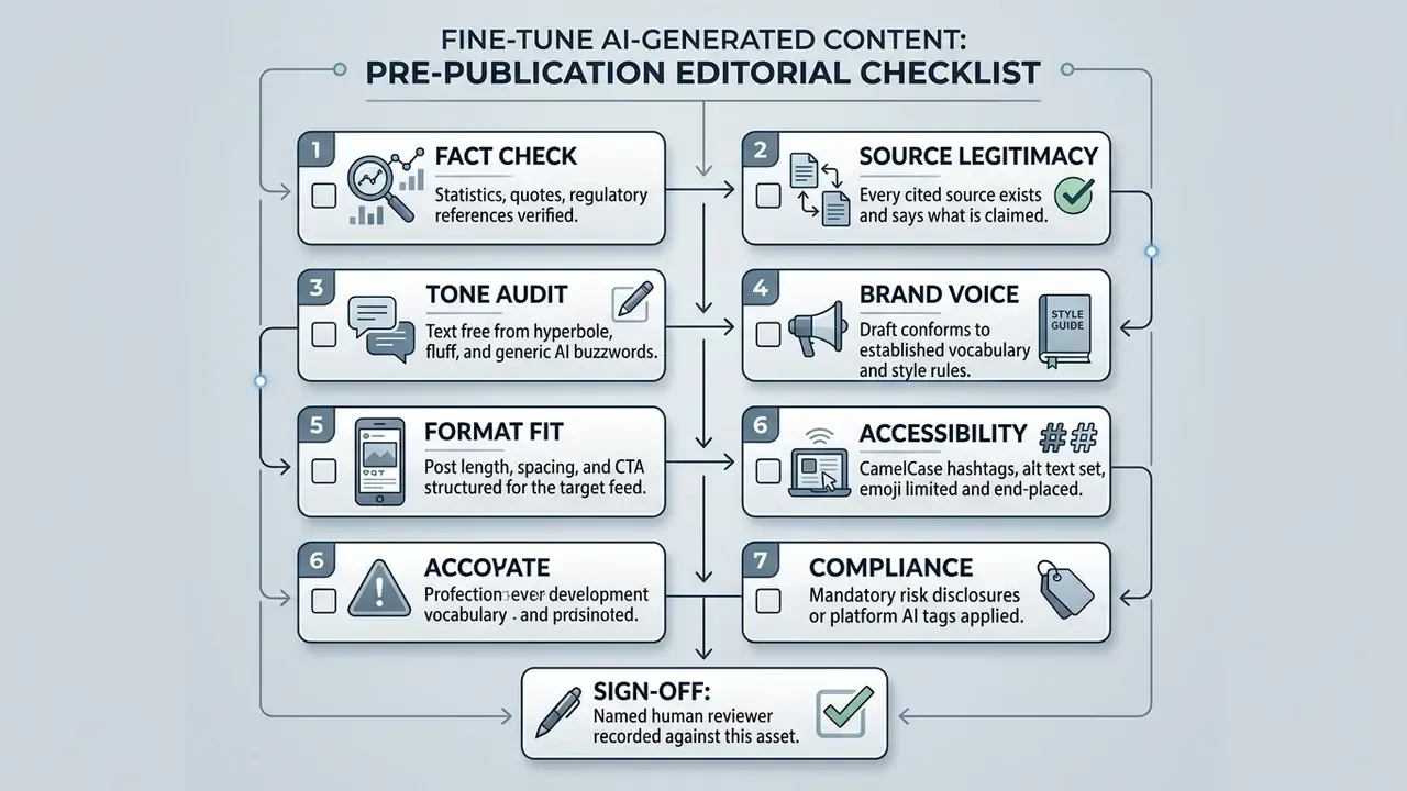 Numbered checklist diagram outlining seven editorial steps for reviewing AI content before publication