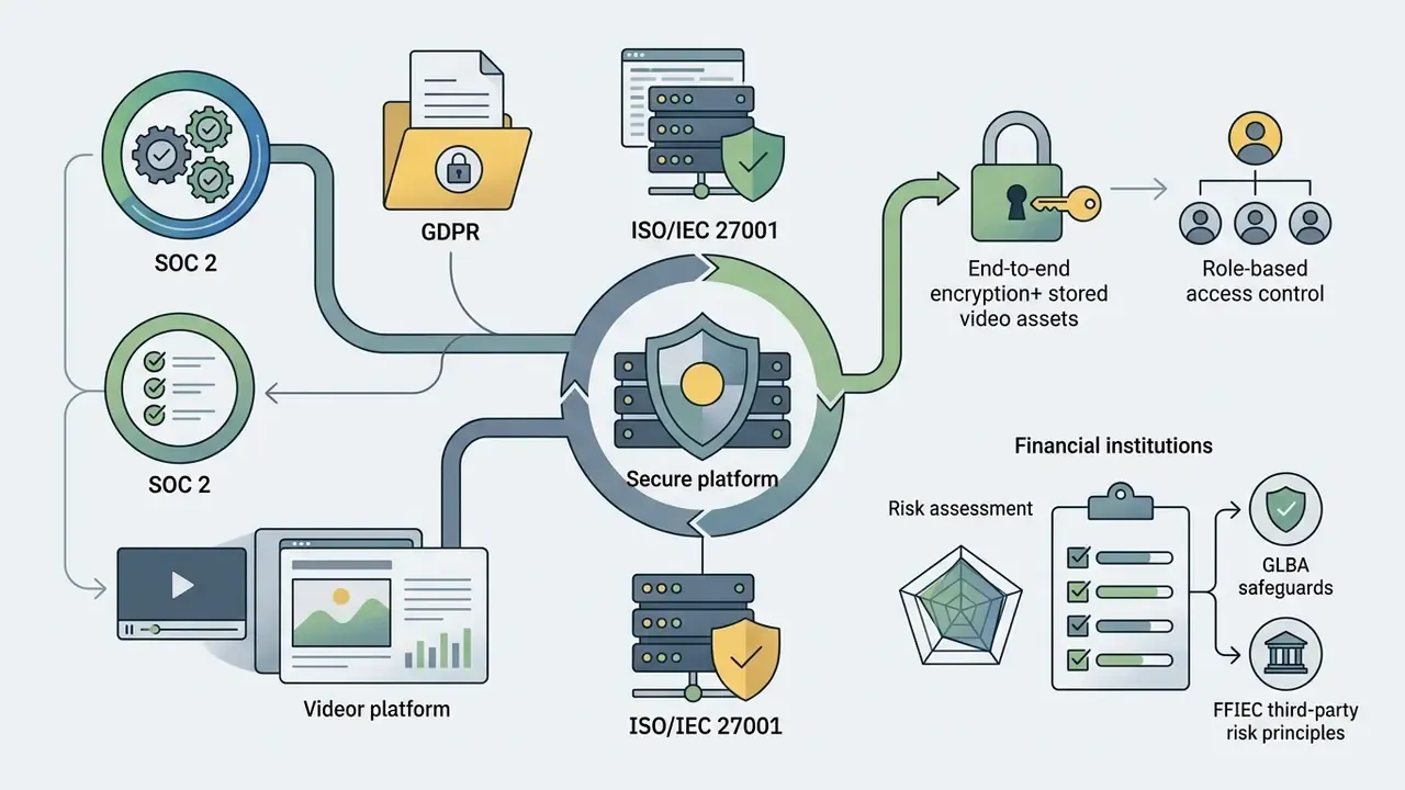 Central secure platform connected to compliance standards, encryption, and financial risk assessment icons