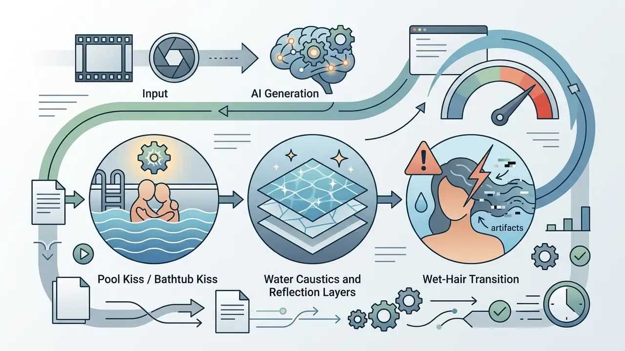Workflow showing water caustics and wet-hair artifact challenges in an ai kissing generator process