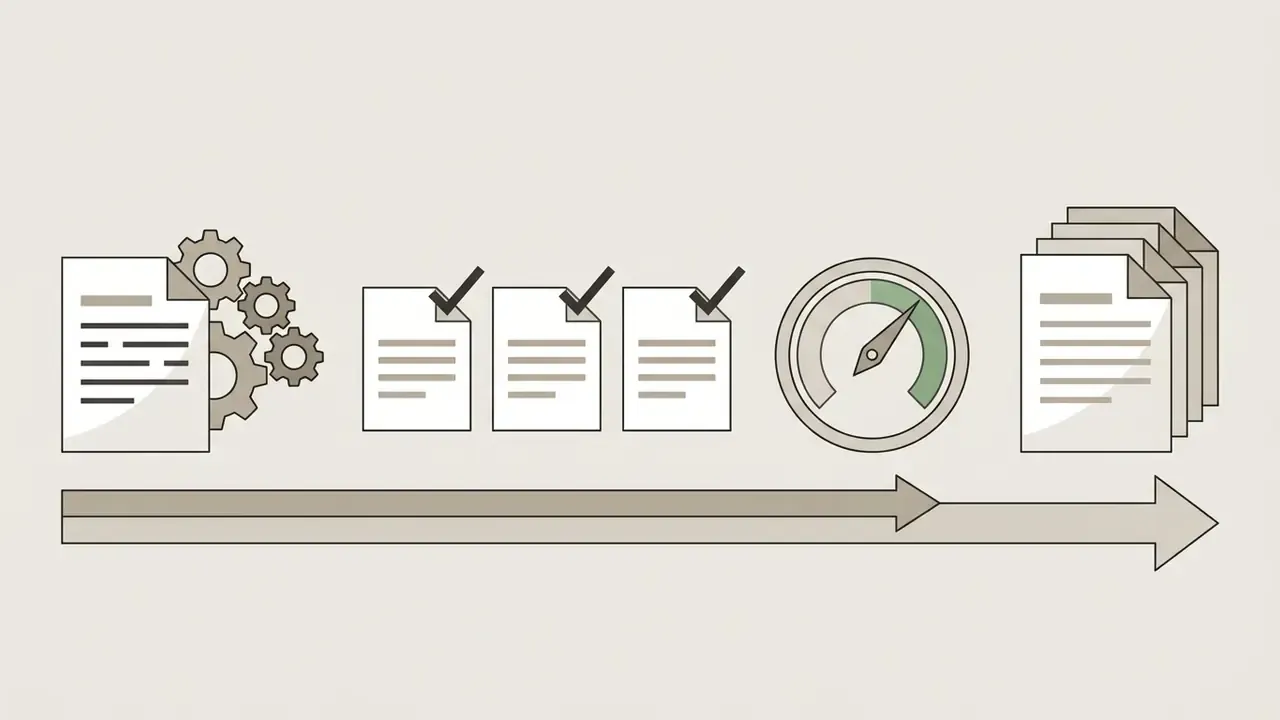Document icons with gears and checkmarks moving through a speed gauge toward a stack of papers