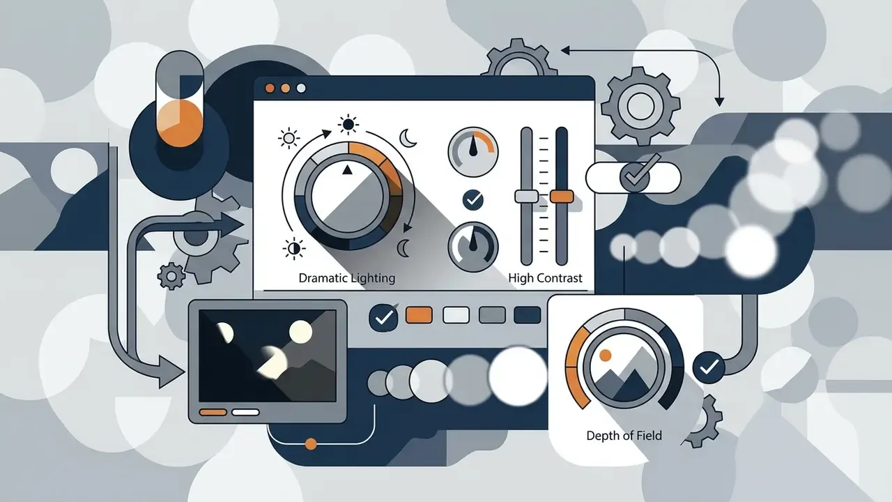 Control panel with sliders and dials for adjusting dramatic lighting, high contrast, and depth of field