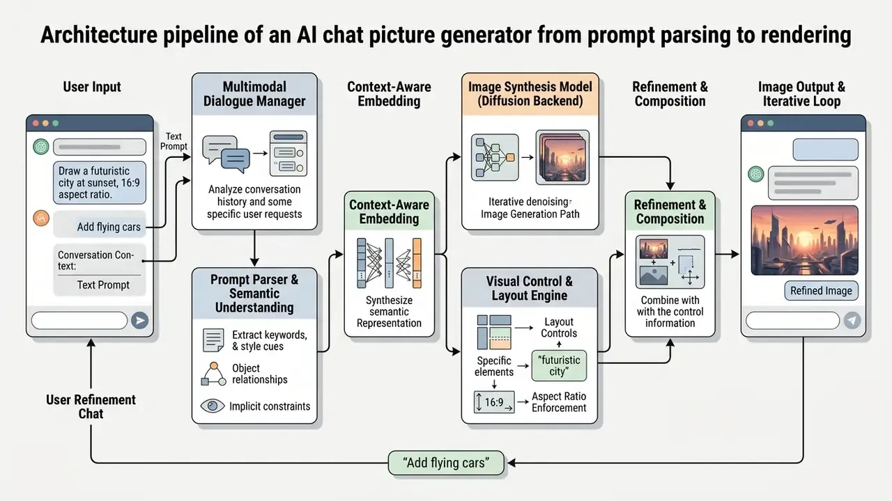 Flowchart detailing the process from user text input to image synthesis and iterative chat refinement