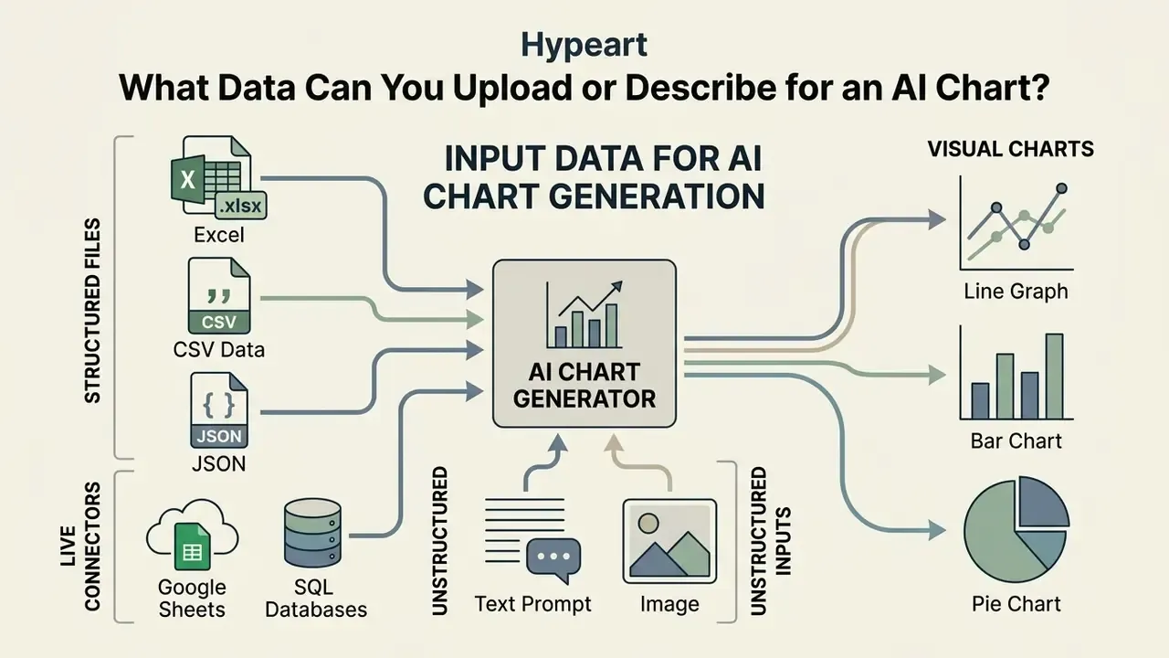 Diagram showing various data sources like files and prompts being processed into visual charts