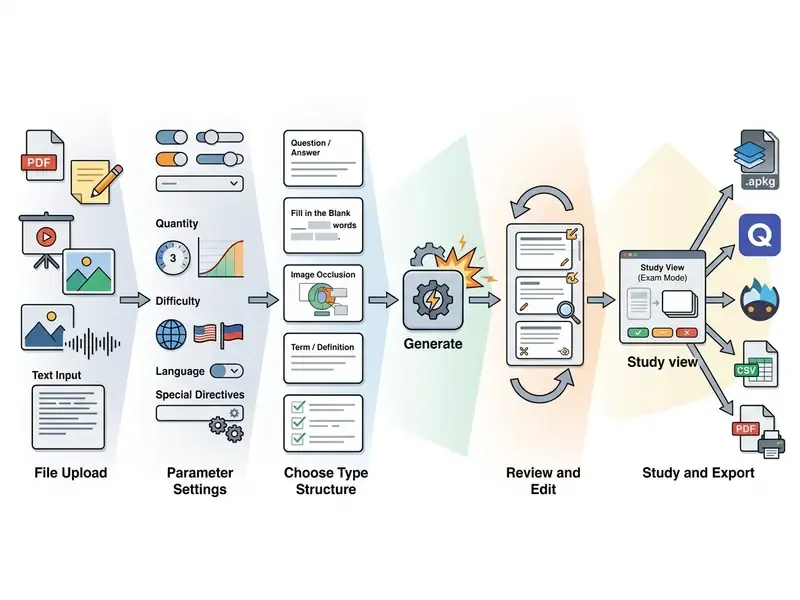Diagram showing the stages of an AI flashcard maker from file upload and parameter settings to export