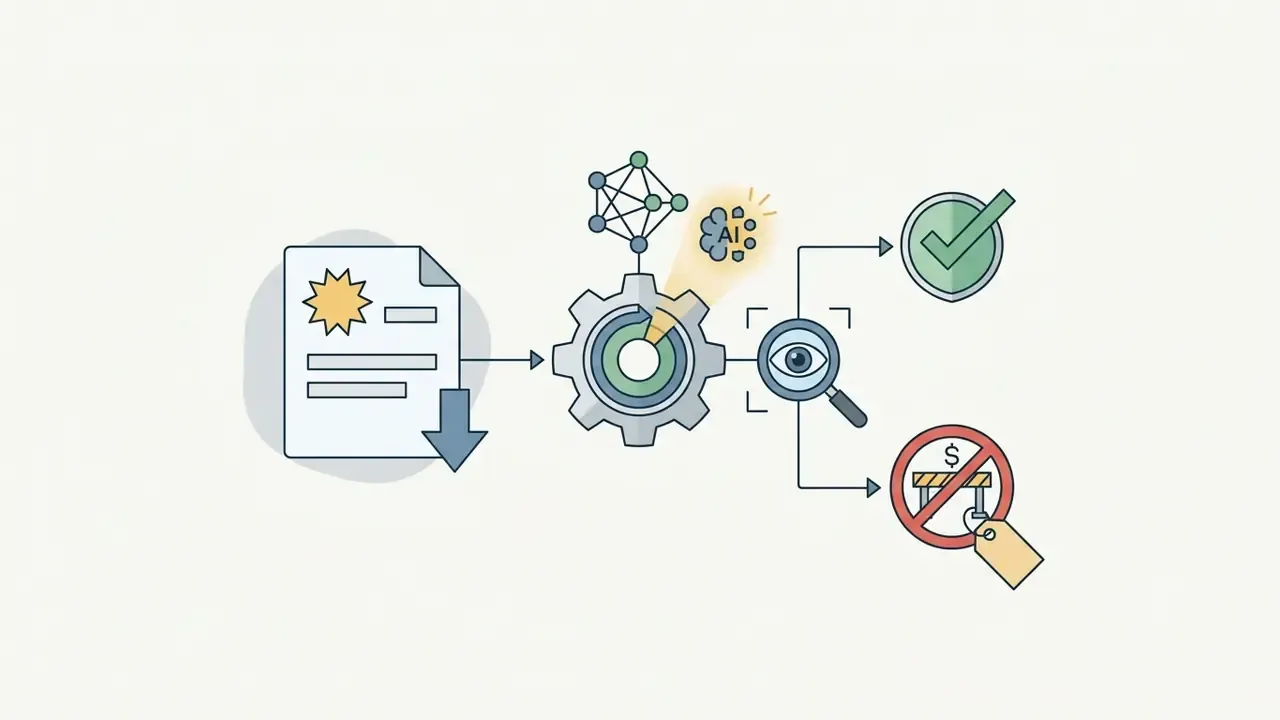 Document feeding into an AI gear mechanism being inspected for paywalls or free feature status