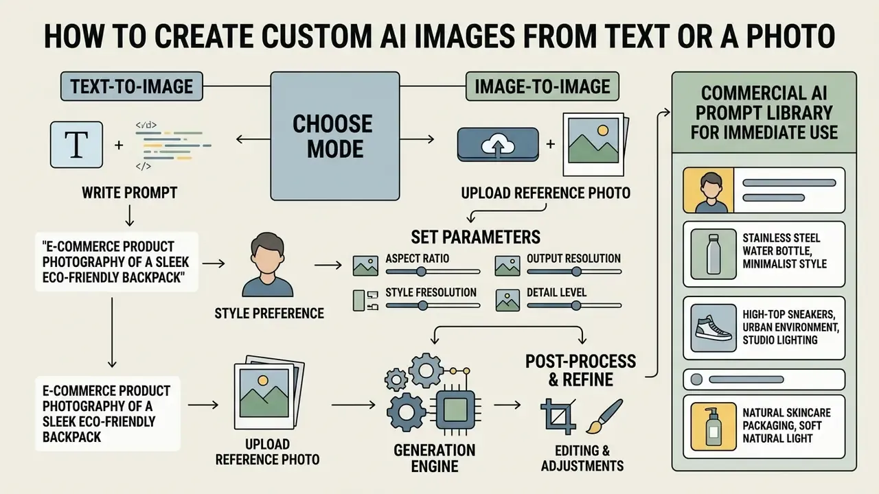 Flowchart outlining the steps to create custom AI images using text prompts or reference photos