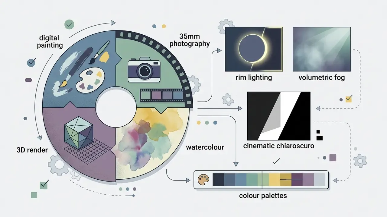 Circular diagram showing art styles and lighting effects connected to a colour palette selection tool