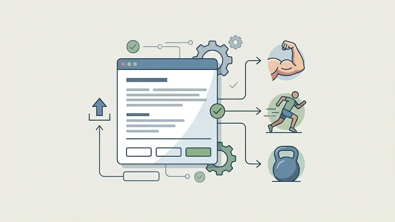 Prompt window processing data into icons of a flexing bicep, a running person, and a kettlebell