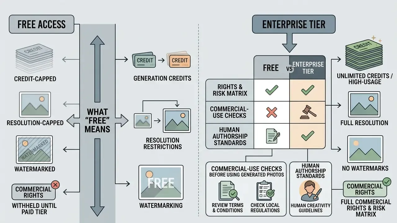 Comparison chart showing limitations of free access versus benefits of enterprise tiers for AI photo editors
