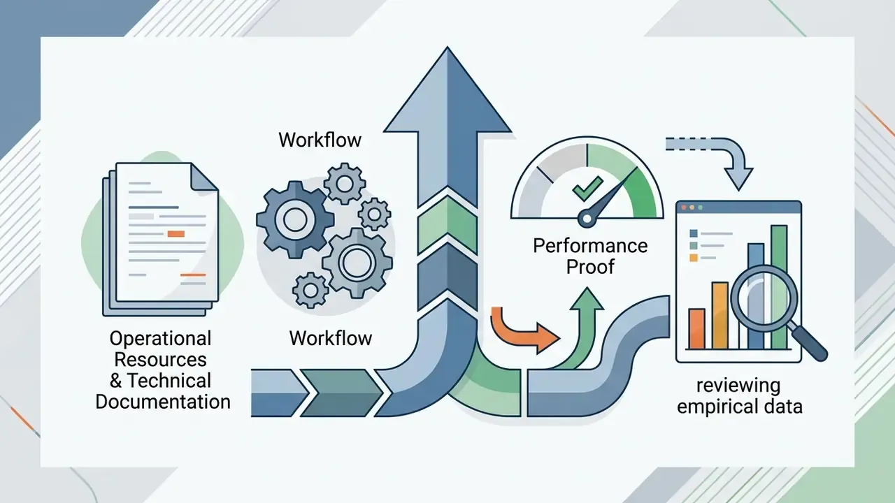 Technical documentation and workflow gears feeding into a performance gauge and data analysis dashboard