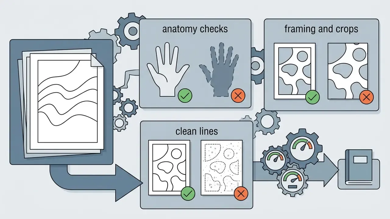 Checklist of quality control steps for reviewing generated line art before compiling a book