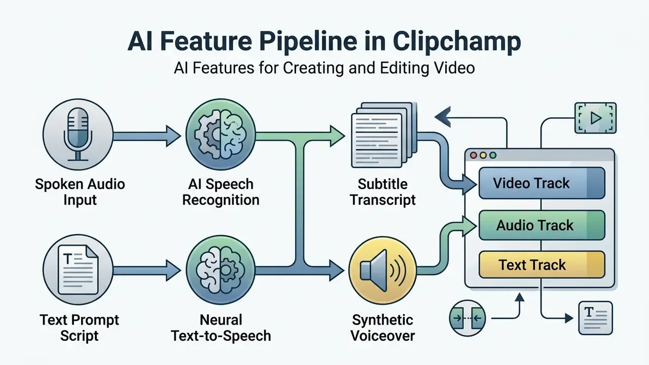 Process flow diagram showing AI speech recognition and text-to-speech generating subtitles and audio tracks