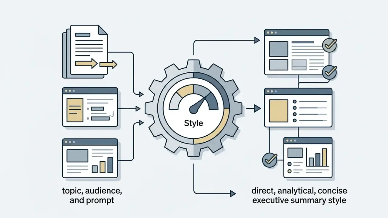 Inputs feeding into a central gear gauge to process content into structured executive summary formats
